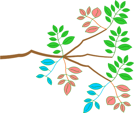Diagram with different colored sets of leaves on matching stems.